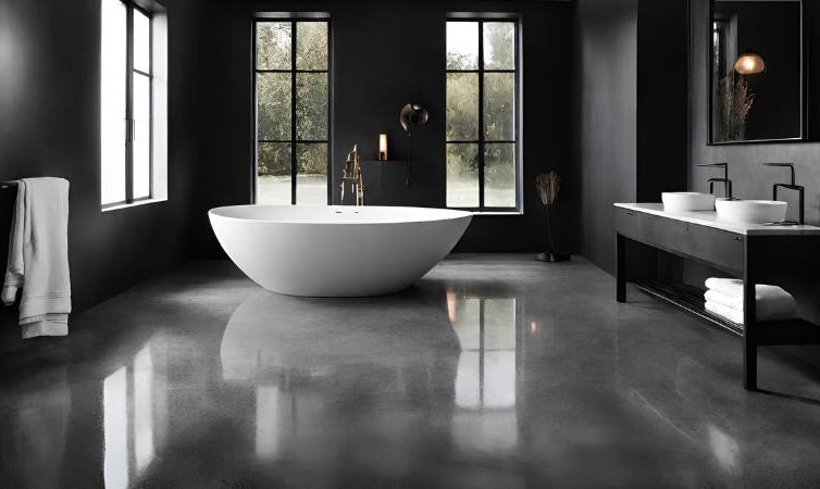 A bathroom with a polished concrete floor