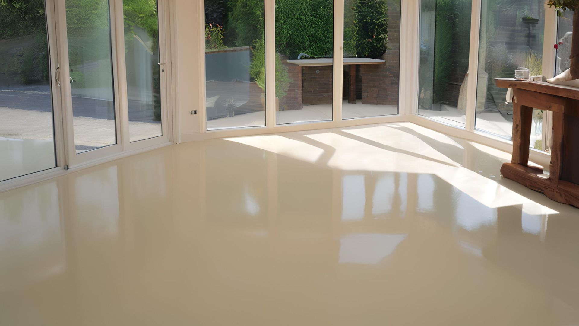 A cream coloured polished concrete floor for a conservatory