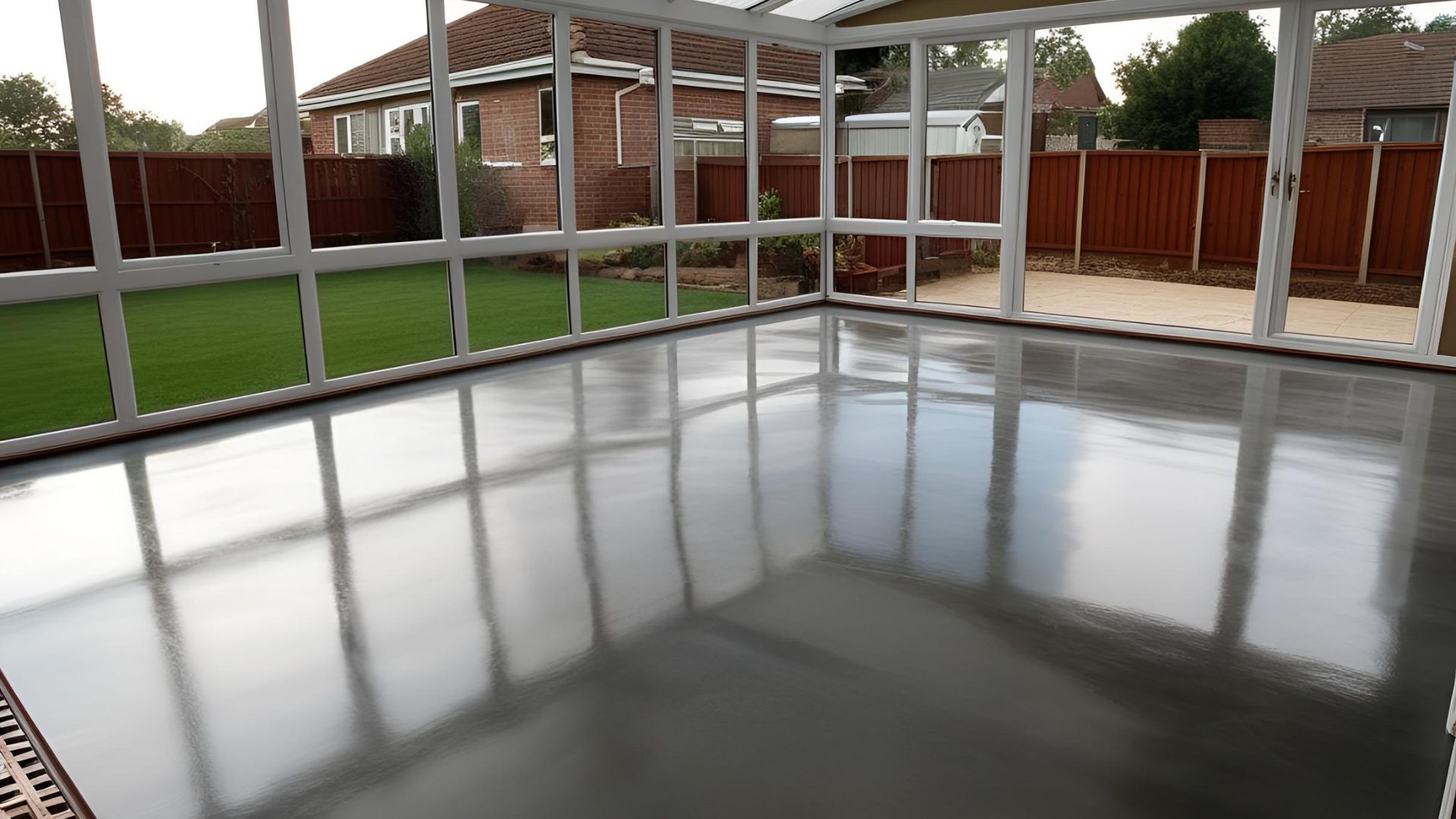 A grey polished concrete floor for a conservatory in Gloucester